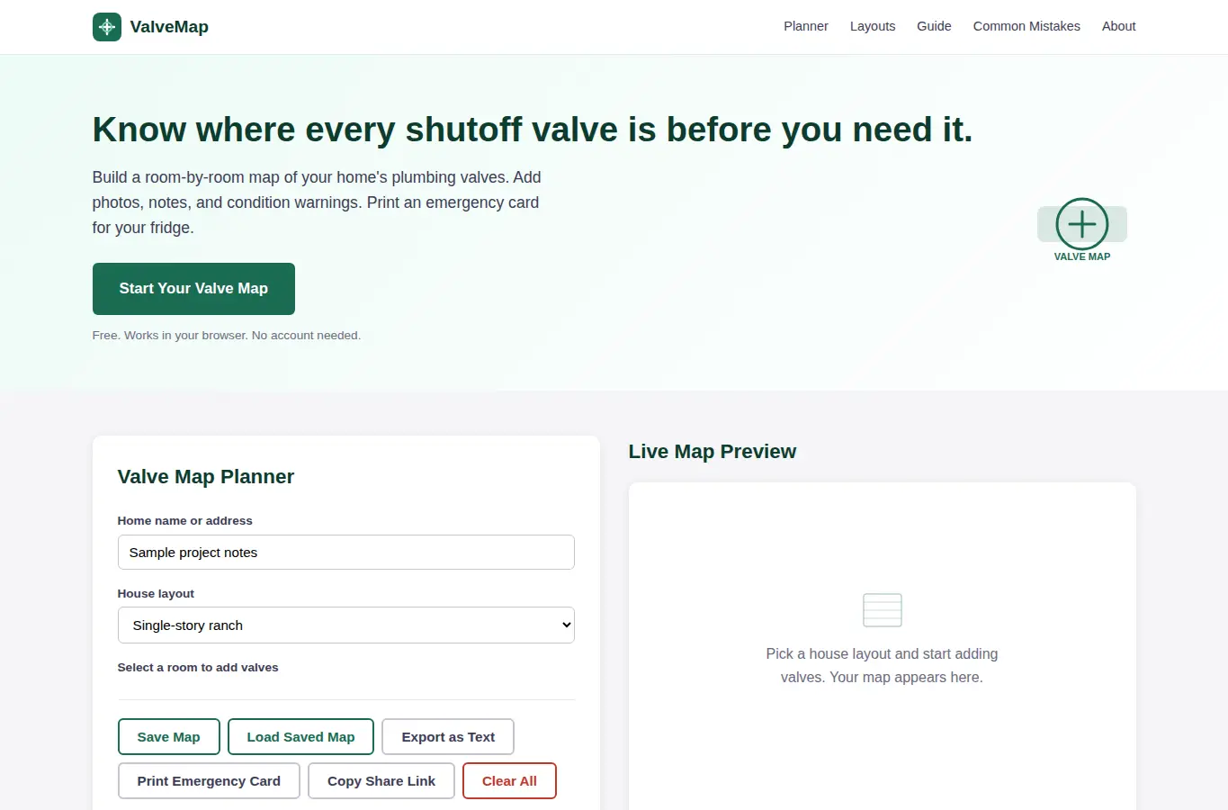 Screenshot of ValveMap | Home Plumbing Shutoff Valve Locator & Map interface showing the project page in use